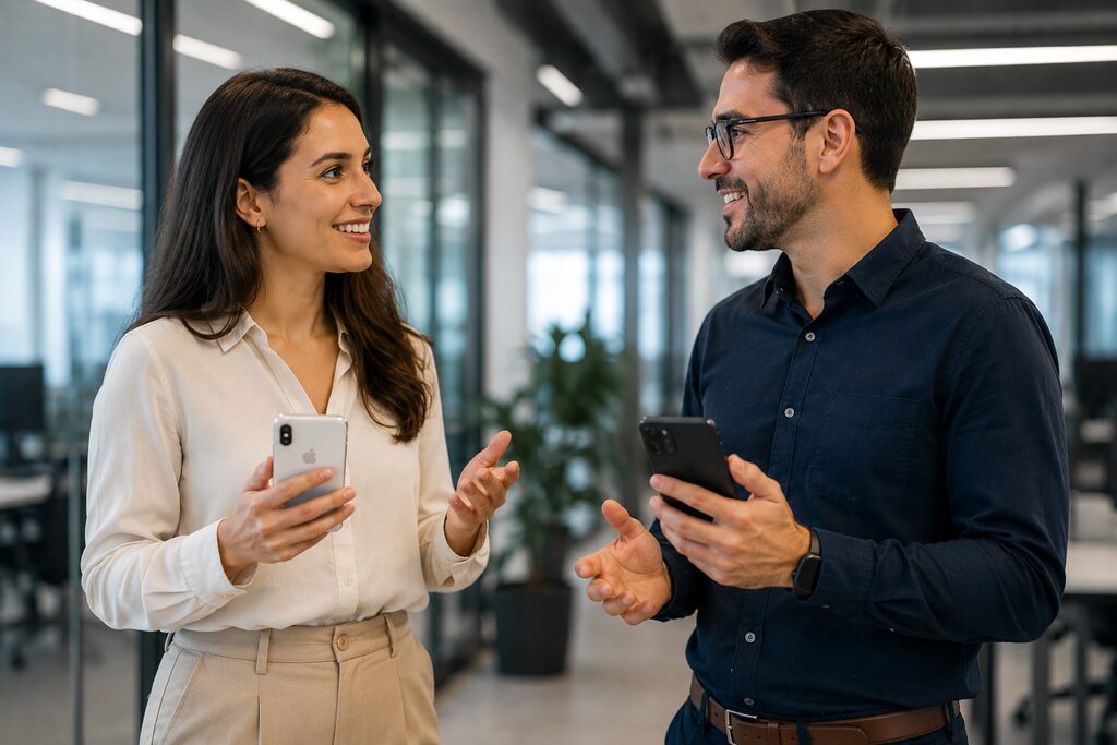 Profissionais em ambiente corporativo comparando dispositivos Android e iPhone para uso empresarial.