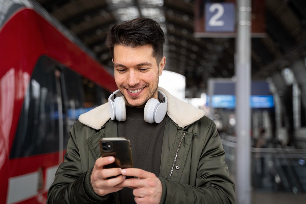 homem sorrindo com celular na mão pesquisando o que é roaming