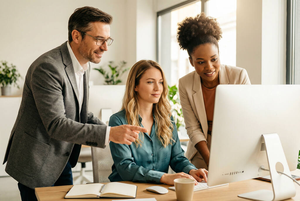 Equipe corporativa analisando processos de Gestão de Instalações em ambiente empresarial