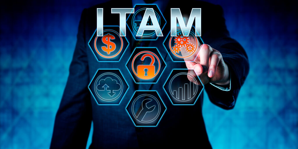 Profissional utilizando ITAM software para gerenciamento de ativos de TI e segurança digital