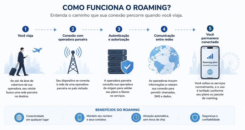 Infográfico mostrando como funciona o roaming internacional, desde a conexão com a operadora parceira até a autenticação e uso de dados móveis no exterior.