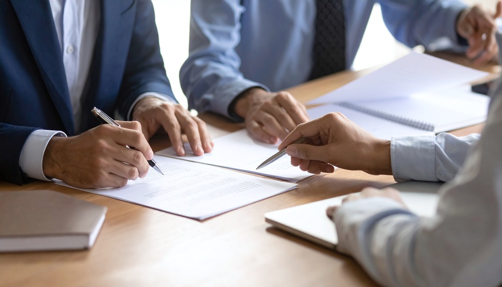 Profissionais analisando contratos empresariais durante reunião de gestão contratual