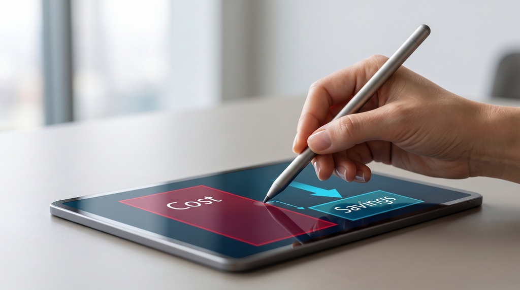 Pessoa utilizando tablet para gerenciamento de custos com foco em redução de despesas e economia empresarial