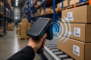 Leitor RFID realizando a leitura de etiquetas em caixas de um centro de distribuição para rastreamento e gestão de ativos por radiofrequência.
