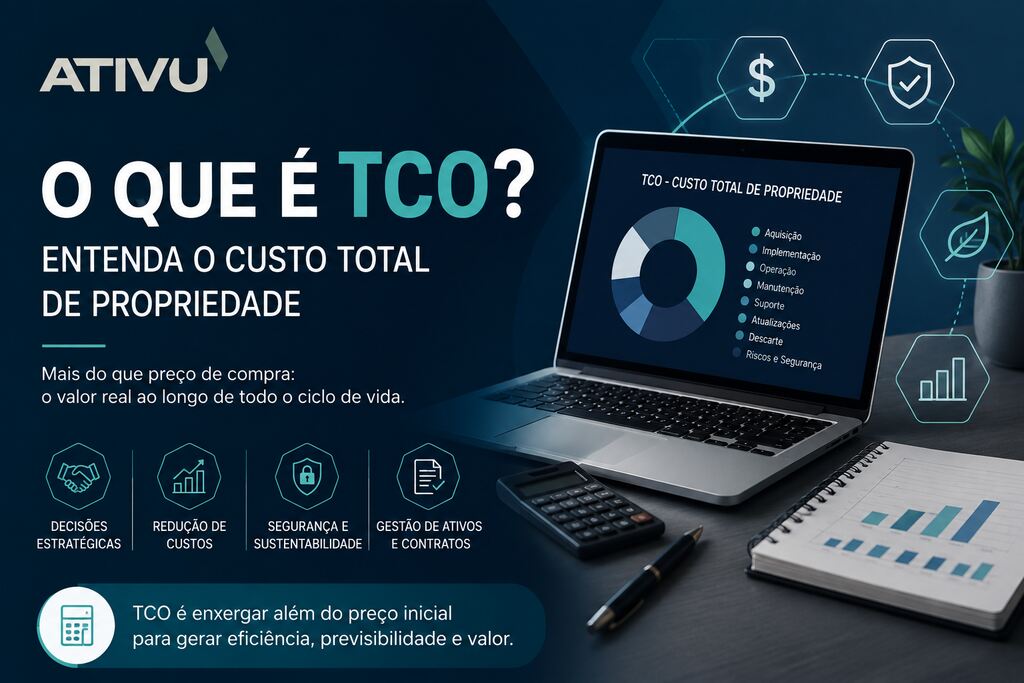 O que é TCO: infográfico sobre Custo Total de Propriedade, mostrando custos de aquisição, implementação, operação, manutenção, suporte, segurança e sustentabilidade, com destaque para gestão de ativos e redução de custos.